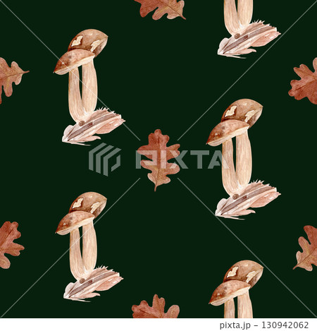 Brown wild mushrooms and oak leaves watercolor seamless pattern on black. Hand-painted design, perfect for kitchen decor, recipe books, packaging, autumn cards, textiles, and nature-themed projects Brown wild mushrooms and oak leaves watercolor seamless pattern on black. Hand-painted design, perfect for kitchen decor, recipe books, packaging, autumn cards, textiles, and nature-themed projects 130942062