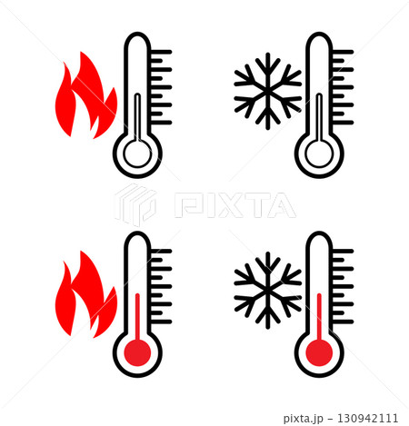 Cold weather and hot temperature icon. Freeze thermometer icon hot temperature symbol. 130942111