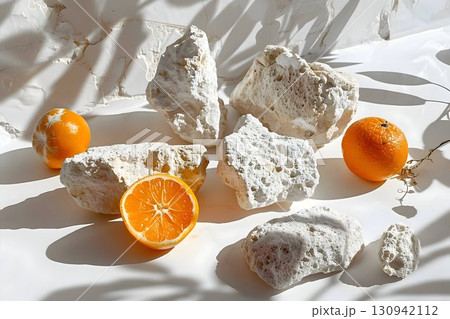 porous stones and fresh oranges, clean, white surface 130942112