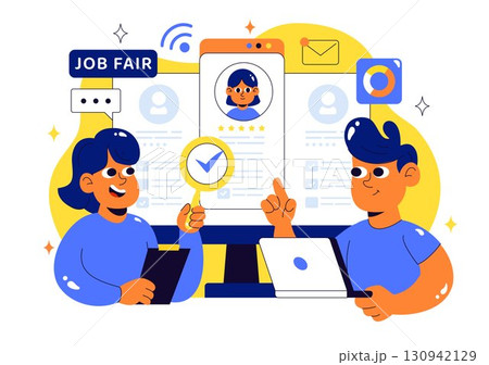 Online Job Fair Vector Illustration featuring We Are Hiring with Recruitment, Resume Selection Process, and Agency Interview in a Flat Background 130942129