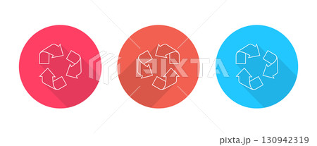 Circular Recycling Icons Displaying in Red, Orange, and Blue with Long Shadow. Circular Recycling Icons Displaying in Red, Orange, and Blue with Long Shadow. 130942319