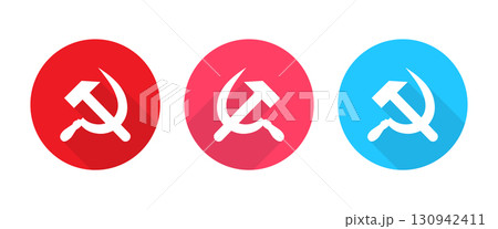 Circular icons displaying the communist symbol of a hammer and sickle with long shadow. Circular icons displaying the communist symbol of a hammer and sickle with long shadow. 130942411