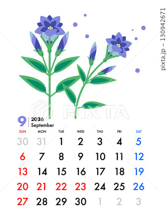 9月カレンダー,縦型カレンダー,リンドウの花,祝日,日曜始まり,日本 130942671