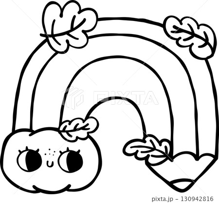 Cute Autumn Back to School Outline, Fall Rainbow Pencil With Leaves Illustration Cute Autumn Back to School Outline, Fall Rainbow Pencil With Leaves Illustration 130942816