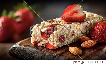 Strawberry oatmeal bar with almonds and honey drizzle on wooden board Strawberry oatmeal bar with almonds and honey drizzle on wooden board 130943151