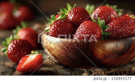Fresh strawberries filling a wooden bowl on rustic table 130943177