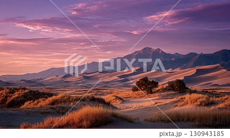 Purple sunset illuminating sand dunes and mountains in great sand dunes national park Purple sunset illuminating sand dunes and mountains in great sand dunes national park 130943185
