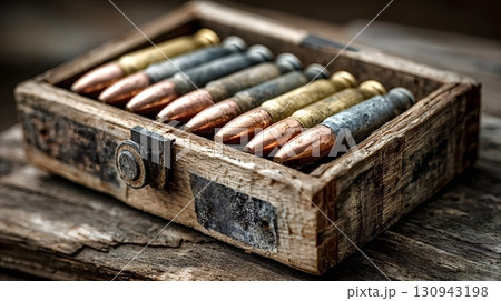 Rifle bullets inside old wooden crate displaying military ammunition Rifle bullets inside old wooden crate displaying military ammunition 130943198