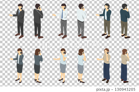 等距插畫：穿著西裝的男人和女人在智慧型手機上交談 130943205