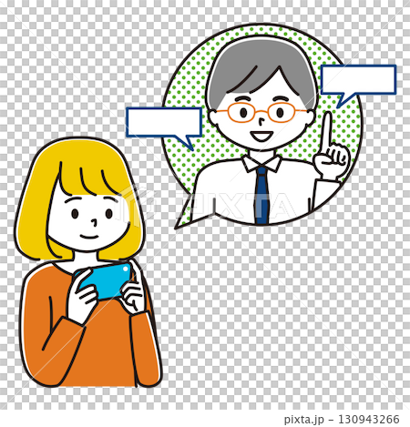 一位女士正在智慧型手機上觀看一段解釋性影片的插圖 130943266