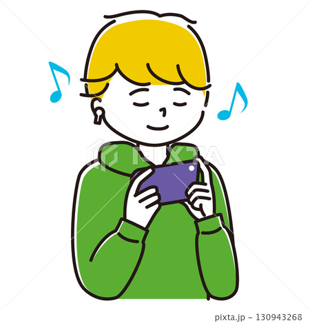 ワイヤレスイヤホンをつけてスマホで音楽を聴く男性のイラスト 130943268