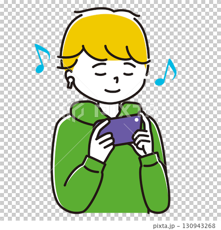 ワイヤレスイヤホンをつけてスマホで音楽を聴く男性のイラスト 130943268