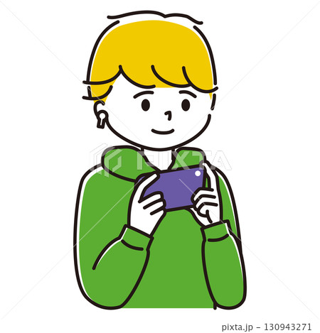 ワイヤレスイヤホンをつけてスマホでゲームをする男性のイラスト ワイヤレスイヤホンをつけてスマホでゲームをする男性のイラスト 130943271