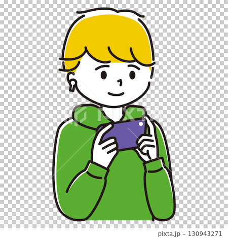 ワイヤレスイヤホンをつけてスマホでゲームをする男性のイラスト ワイヤレスイヤホンをつけてスマホでゲームをする男性のイラスト 130943271