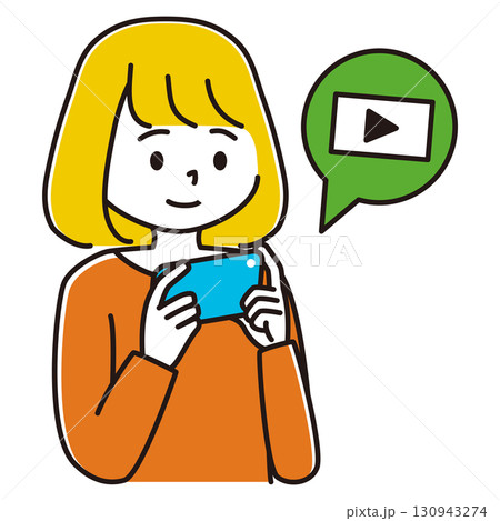 スマホで動画を見る女性のイラスト スマホで動画を見る女性のイラスト 130943274