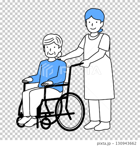 A caregiver assisting an elderly person in a wheelchair 130943662