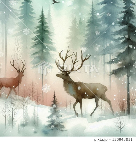 シルエットのトナカイと森の風景 シルエットのトナカイと森の風景 130943811