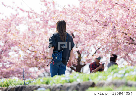 満開の河津桜を楽しむ女性 130944054