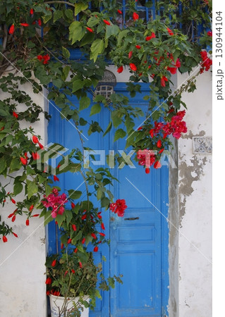 チュニジアのシディ・ブ・サイドの青い扉と赤い花 チュニジアのシディ・ブ・サイドの青い扉と赤い花 130944104