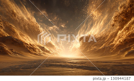 砂嵐が迫る砂漠の風景 130944187