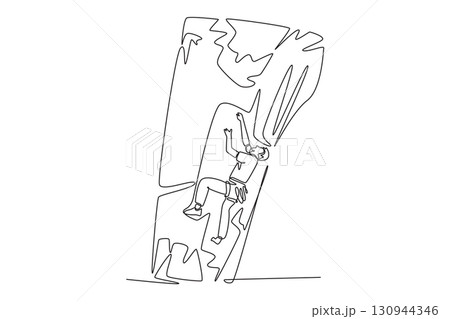 Continuous one line drawing professional young man climbing a steep cliff, symbolizing adventure, strength, determination, and thrill of the ascent. Single line draw design vector graphic illustration 130944346