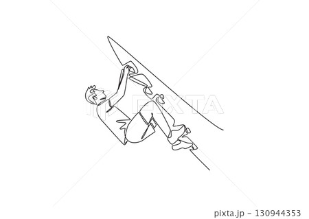 Single continuous line drawing young man climbing steep cliff, symbolizing adventure, strength, determination, and thrill of difficult ascent. Dynamic one line draw graphic design vector illustration 130944353