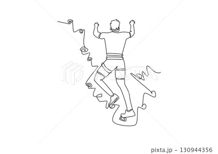 Single one line drawing back view of man climbing a cliff, representing physical power and focused effort required to conquer rock wall. Modern continuous line draw design graphic vector illustration 130944356