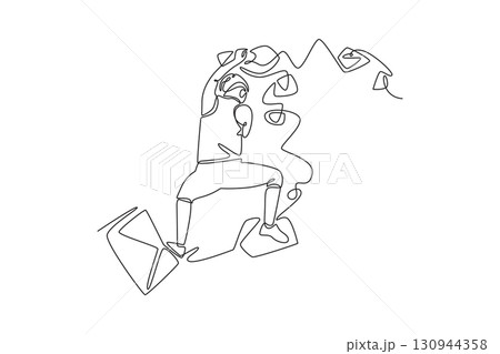 Single continuous line drawing back view of female climbing cliff in a challenging pose, representing the focused concentration to conquer a rock wall. One line draw graphic design vector illustration Single continuous line drawing back view of female climbing cliff in a challenging pose, representing the focused concentration to conquer a rock wall. One line draw graphic design vector illustration 130944358