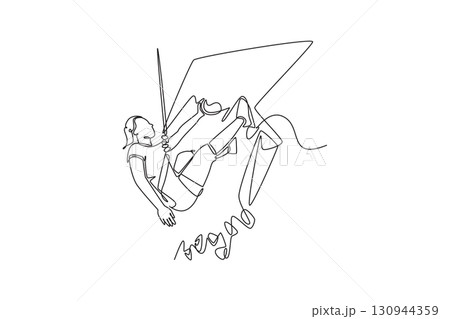 Single continuous line drawing beauty female climber in a challenging, inverted pose. Focused concentration and courage required to conquer rock wall. One line draw graphic design vector illustration 130944359