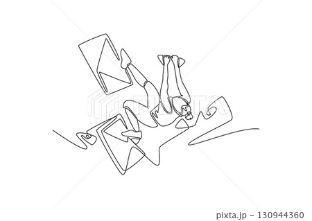 Single continuous line drawing female climbing overhanging cliff in challenging, inverted pose, representing courage required to conquer a rock wall. One line draw graphic design vector illustration 130944360