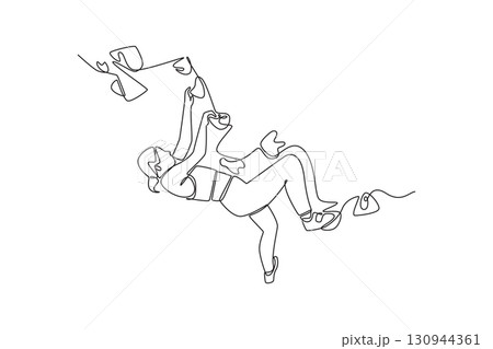 Single continuous line drawing woman climbing an overhanging cliff in a challenging, inverted pose, representing concentration to conquer a rock wall. One line draw graphic design vector illustration 130944361