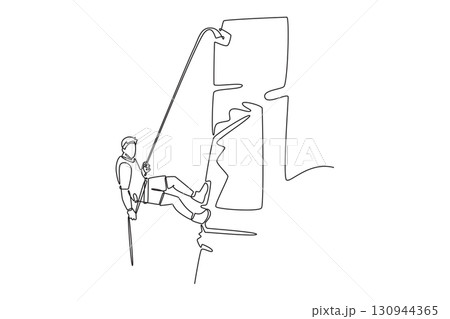 Single one line drawing young male rappelling down a cliff, symbolizing adventure, safety, and the thrilling satisfaction of a successful climb. Continuous line draw design graphic vector illustration Single one line drawing young male rappelling down a cliff, symbolizing adventure, safety, and the thrilling satisfaction of a successful climb. Continuous line draw design graphic vector illustration 130944365