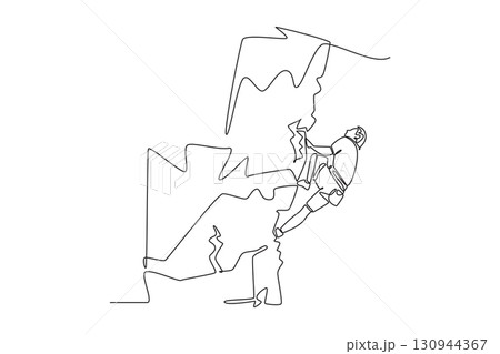 Single one line drawing young male climbing a cliff in challenging pose, representing concentration and courage required to conquer a rock wall. Continuous line draw design graphic vector illustration Single one line drawing young male climbing a cliff in challenging pose, representing concentration and courage required to conquer a rock wall. Continuous line draw design graphic vector illustration 130944367