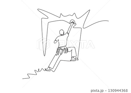 Single one line drawing back view man reaching for high hold on rocky cliff. Adventure, strength, determination, and the thrill of the ascent. Continuous line draw design graphic vector illustration 130944368