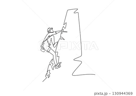 Single one line drawing male climber in a challenging pose, representing the focused concentration and courage required to conquer a rock wall. Continuous line draw design graphic vector illustration 130944369
