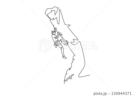 Single one line drawing active man climbing a rocky cliff, symbolizing adventure, strength, determination, and the thrill of the ascent. Modern continuous line draw design graphic vector illustration Single one line drawing active man climbing a rocky cliff, symbolizing adventure, strength, determination, and the thrill of the ascent. Modern continuous line draw design graphic vector illustration 130944371