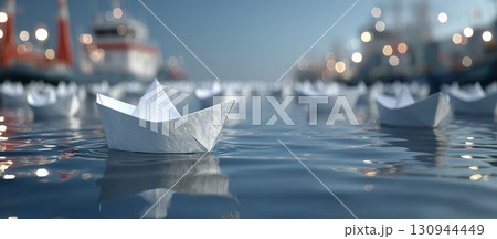 Serene Scene of Floating White Paper Boats on Calm Clean Water 130944449