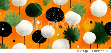 Colorful Abstract Blossoms on Vibrant Orange Background Seamless Design 130944480