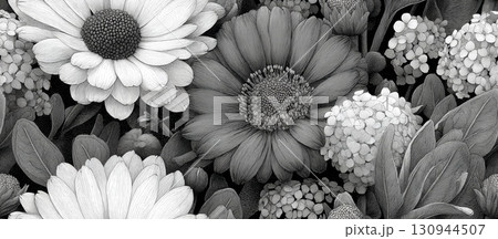 Black and White Seamless Floral Pattern with Hand-Drawn Flowers 130944507