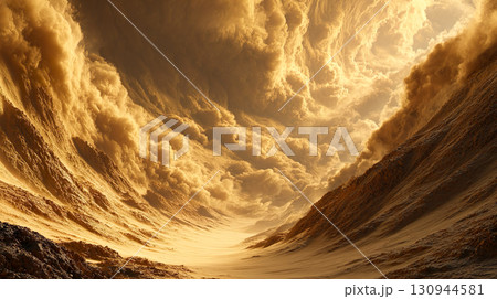 砂嵐が迫る砂漠の風景 130944581