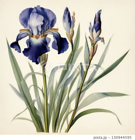 an AI Image Generator, Elegant Botanical Illustration of Vibrant Purple Iris Flowers an AI Image Generator, Elegant Botanical Illustration of Vibrant Purple Iris Flowers 130944595