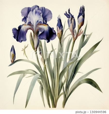 an AI Image Generator, Elegant Botanical Illustration of Vibrant Purple Iris Flowers 130944596