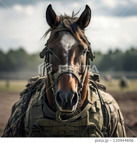 Horse Dressed in Military Gear Displaying Unique an AI Image Generator, 130944606