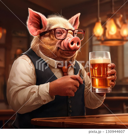 an AI Image Generator, Anthropomorphic Pig Bartender Enjoying Beer in Rustic Tavern Setting 130944607