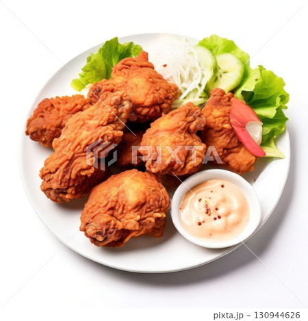 an AI Image Generator, Deliciously Crispy Fried Chicken Pieces on a Plate with Garnish 130944626