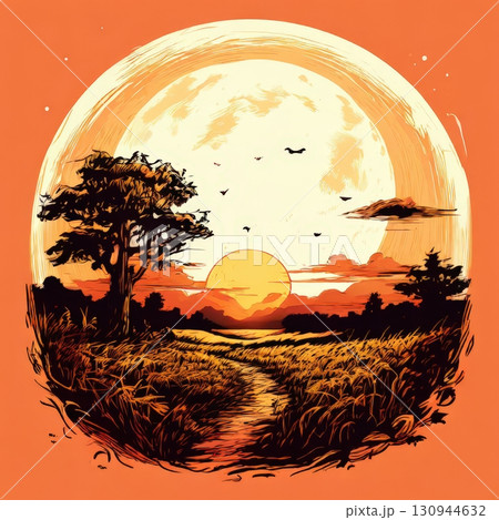 an AI Image Generator, Serene Sunset Landscape With a Path and Majestic Full Moon 130944632