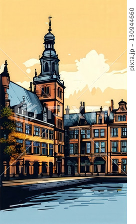 an AI Image Generator, Riverside Cityscape With Historic Architecture Background in Bright 130944660