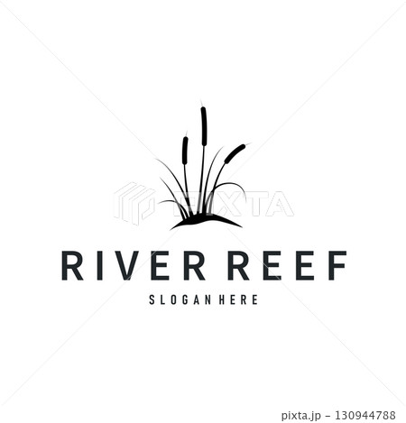 cattails logo river grass plant with river concept and simple silhouette plant design symbol illustration tremlet icon poster or product 130944788