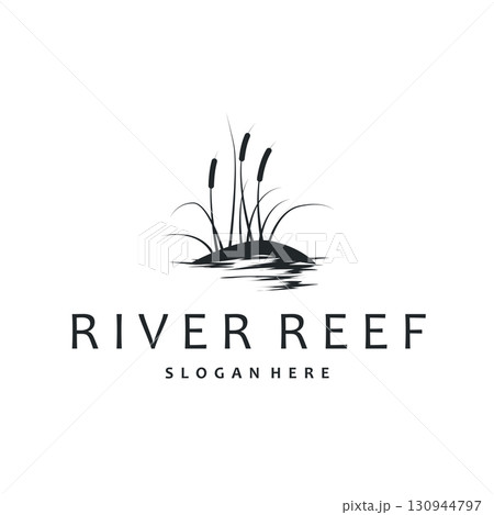 cattails logo river grass plant with river concept and simple silhouette plant design symbol illustration tremlet icon poster or product 130944797
