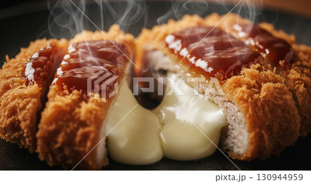 Cheese Donkatsu with Hot Steam and Tonkatsu Sauce 130944959